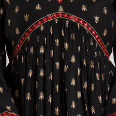 Black Viscose Rayon Embroidered Round Neck A-Line Kurta & Pant For Women Mizaz Jaipur