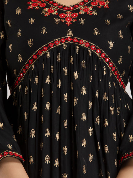 Black Viscose Rayon Embroidered Round Neck A-Line Kurta & Pant For Women Mizaz Jaipur