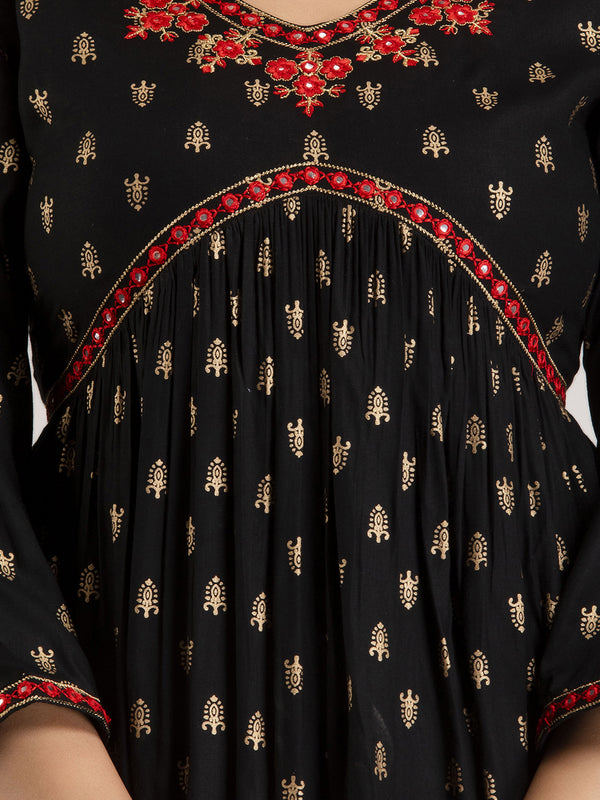 Black Viscose Rayon Embroidered Round Neck A-Line Kurta & Pant For Women Mizaz Jaipur