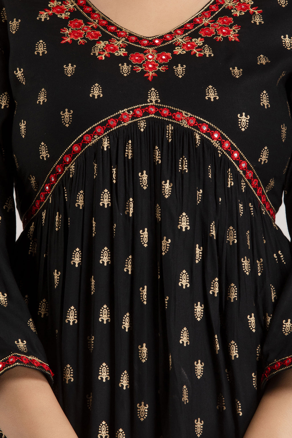 Black Viscose Rayon Embroidered Round Neck A-Line Kurta & Pant For Women Mizaz Jaipur