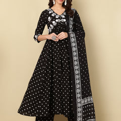 Black Pure Cotton Floral V-Neck Flared Kurta, Pant & Dupatta Set For Women Mizaz Jaipur