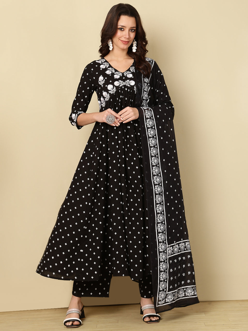 Black Pure Cotton Floral V-Neck Flared Kurta, Pant & Dupatta Set For Women Mizaz Jaipur