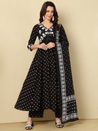 Black Pure Cotton Floral V-Neck Flared Kurta, Pant & Dupatta Set For Women Mizaz Jaipur