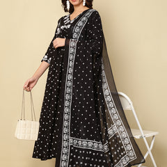 Black Pure Cotton Floral V-Neck Flared Kurta, Pant & Dupatta Set For Women Mizaz Jaipur