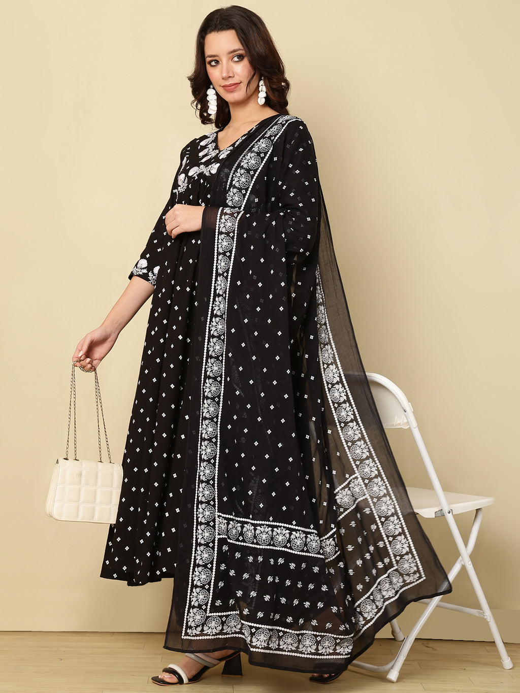 Black Pure Cotton Floral V-Neck Flared Kurta, Pant & Dupatta Set For Women Mizaz Jaipur
