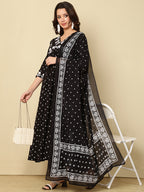 Black Pure Cotton Floral V-Neck Flared Kurta, Pant & Dupatta Set For Women Mizaz Jaipur