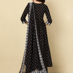 Black Pure Cotton Floral V-Neck Flared Kurta, Pant & Dupatta Set For Women Mizaz Jaipur