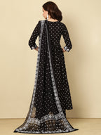 Black Pure Cotton Floral V-Neck Flared Kurta, Pant & Dupatta Set For Women Mizaz Jaipur