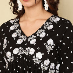 Black Pure Cotton Floral V-Neck Flared Kurta, Pant & Dupatta Set For Women Mizaz Jaipur