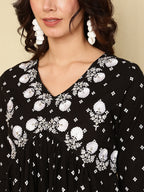 Black Pure Cotton Floral V-Neck Flared Kurta, Pant & Dupatta Set For Women Mizaz Jaipur