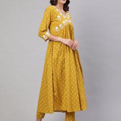 Mustard Pure Cotton Embroidered V Neck Anarkali Kurta, Pant & Dupatta Set For Women Mizaz Jaipur