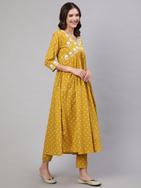 Mustard Pure Cotton Embroidered V Neck Anarkali Kurta, Pant & Dupatta Set For Women Mizaz Jaipur