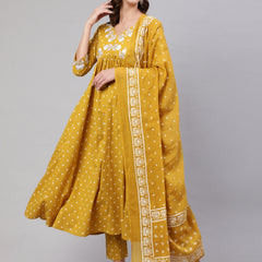 Mustard Pure Cotton Embroidered V Neck Anarkali Kurta, Pant & Dupatta Set For Women Mizaz Jaipur