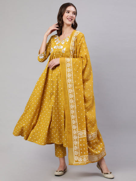 Mustard Pure Cotton Embroidered V Neck Anarkali Kurta, Pant & Dupatta Set For Women Mizaz Jaipur