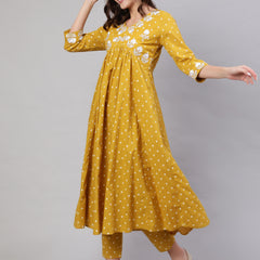 Mustard Pure Cotton Embroidered V Neck Anarkali Kurta, Pant & Dupatta Set For Women Mizaz Jaipur