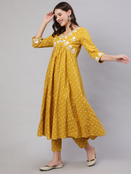Mustard Pure Cotton Embroidered V Neck Anarkali Kurta, Pant & Dupatta Set For Women Mizaz Jaipur