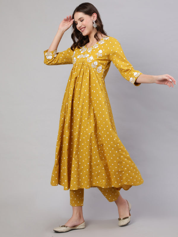Mustard Pure Cotton Embroidered V Neck Anarkali Kurta, Pant & Dupatta Set For Women Mizaz Jaipur