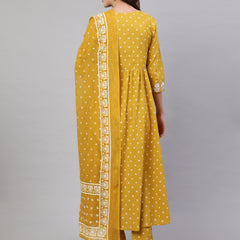 Mustard Pure Cotton Embroidered V Neck Anarkali Kurta, Pant & Dupatta Set For Women Mizaz Jaipur