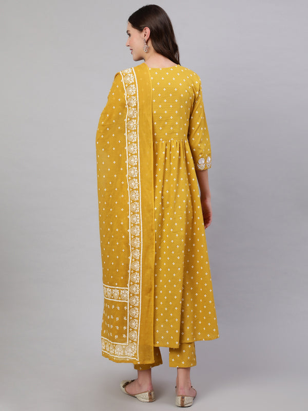 Mustard Pure Cotton Embroidered V Neck Anarkali Kurta, Pant & Dupatta Set For Women Mizaz Jaipur