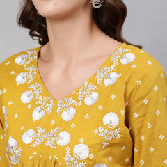 Mustard Pure Cotton Embroidered V Neck Anarkali Kurta, Pant & Dupatta Set For Women Mizaz Jaipur