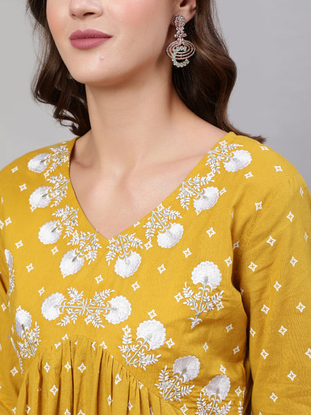 Mustard Pure Cotton Embroidered V Neck Anarkali Kurta, Pant & Dupatta Set For Women Mizaz Jaipur