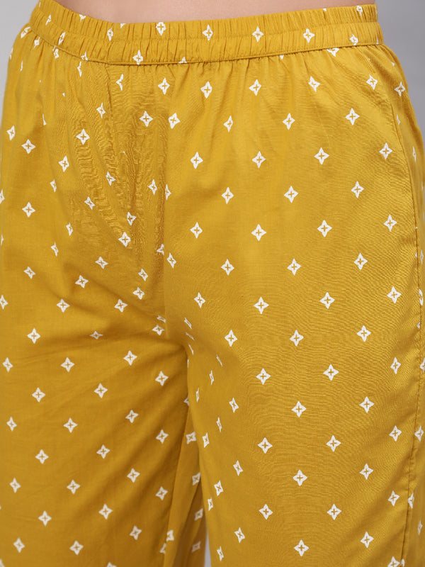 Mustard Pure Cotton Embroidered V Neck Anarkali Kurta, Pant & Dupatta Set For Women Mizaz Jaipur