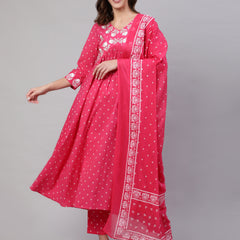 Pink Pure Cotton Embroidered V Neck Anarkali Kurta, Pant & Dupatta Set For Women Mizaz Jaipur