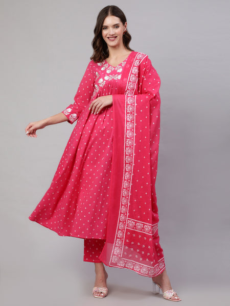 Pink Pure Cotton Embroidered V Neck Anarkali Kurta, Pant & Dupatta Set For Women Mizaz Jaipur