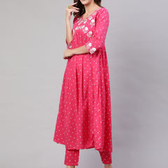 Pink Pure Cotton Embroidered V Neck Anarkali Kurta, Pant & Dupatta Set For Women Mizaz Jaipur