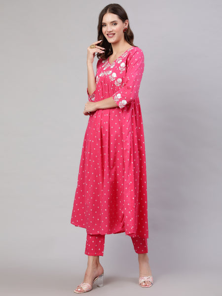 Pink Pure Cotton Embroidered V Neck Anarkali Kurta, Pant & Dupatta Set For Women Mizaz Jaipur