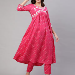 Pink Pure Cotton Embroidered V Neck Anarkali Kurta, Pant & Dupatta Set For Women Mizaz Jaipur