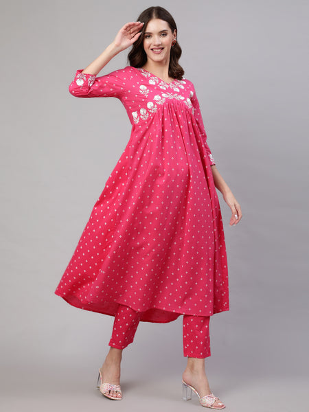 Pink Pure Cotton Embroidered V Neck Anarkali Kurta, Pant & Dupatta Set For Women Mizaz Jaipur