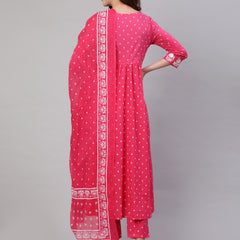 Pink Pure Cotton Embroidered V Neck Anarkali Kurta, Pant & Dupatta Set For Women Mizaz Jaipur