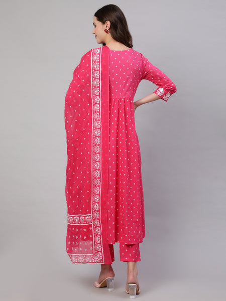 Pink Pure Cotton Embroidered V Neck Anarkali Kurta, Pant & Dupatta Set For Women Mizaz Jaipur