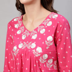 Pink Pure Cotton Embroidered V Neck Anarkali Kurta, Pant & Dupatta Set For Women Mizaz Jaipur