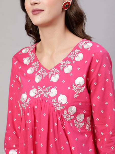 Pink Pure Cotton Embroidered V Neck Anarkali Kurta, Pant & Dupatta Set For Women Mizaz Jaipur
