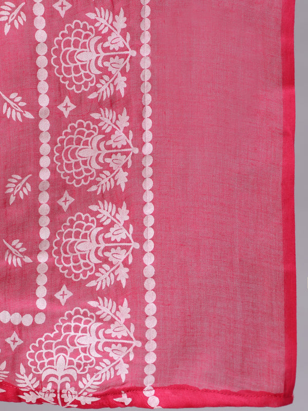 Pink Pure Cotton Embroidered V Neck Anarkali Kurta, Pant & Dupatta Set For Women Mizaz Jaipur
