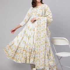 Mustard Pure Cotton Floral Round Neck Anarkali Kurta, Pant & Dupatta Set For Women Mizaz Jaipur