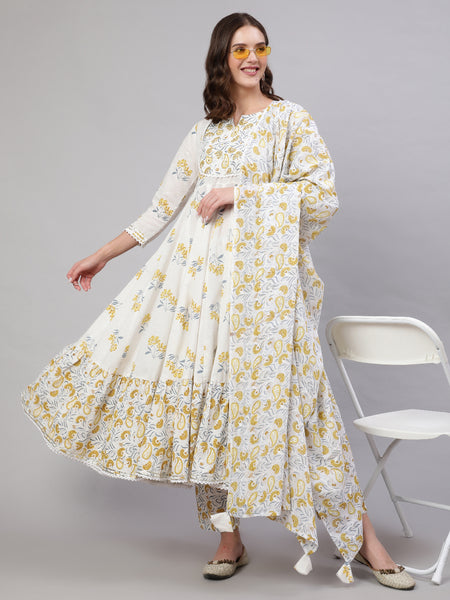 Mustard Pure Cotton Floral Round Neck Anarkali Kurta, Pant & Dupatta Set For Women Mizaz Jaipur