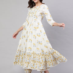 Mustard Pure Cotton Floral Round Neck Anarkali Kurta, Pant & Dupatta Set For Women Mizaz Jaipur
