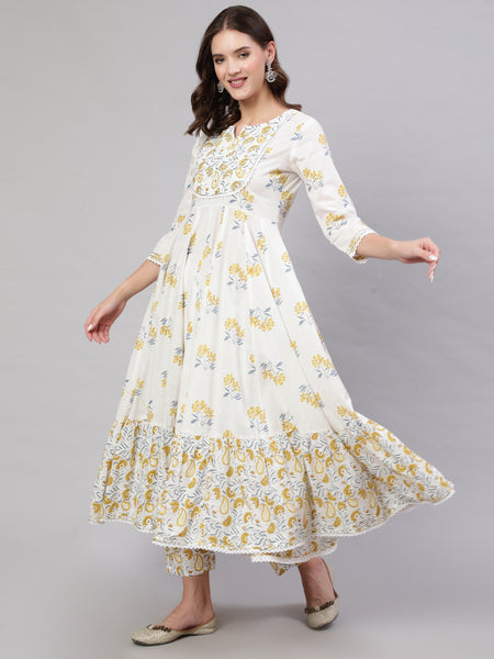 Mustard Pure Cotton Floral Round Neck Anarkali Kurta, Pant & Dupatta Set For Women Mizaz Jaipur