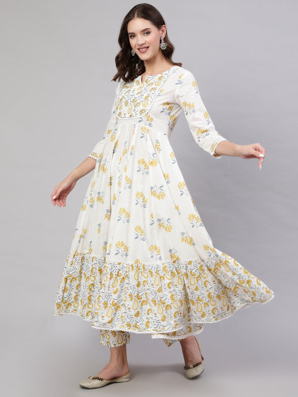 Mustard Pure Cotton Floral Round Neck Anarkali Kurta, Pant & Dupatta Set For Women Mizaz Jaipur