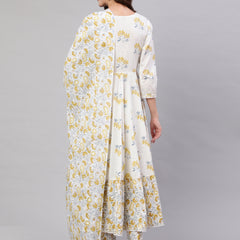 Mustard Pure Cotton Floral Round Neck Anarkali Kurta, Pant & Dupatta Set For Women Mizaz Jaipur