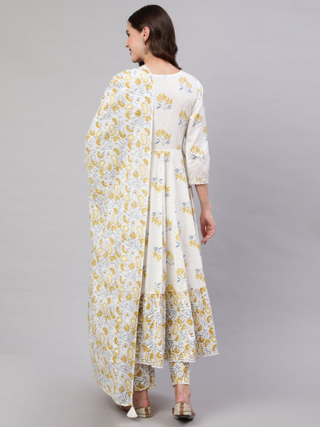 Mustard Pure Cotton Floral Round Neck Anarkali Kurta, Pant & Dupatta Set For Women Mizaz Jaipur