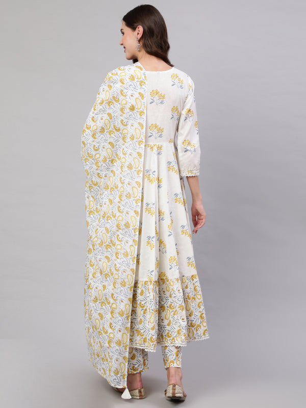 Mustard Pure Cotton Floral Round Neck Anarkali Kurta, Pant & Dupatta Set For Women Mizaz Jaipur