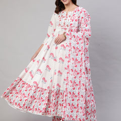 Pink Pure Cotton Floral Round Neck Anarkali Kurta, Pant & Dupatta Set For Women Mizaz Jaipur