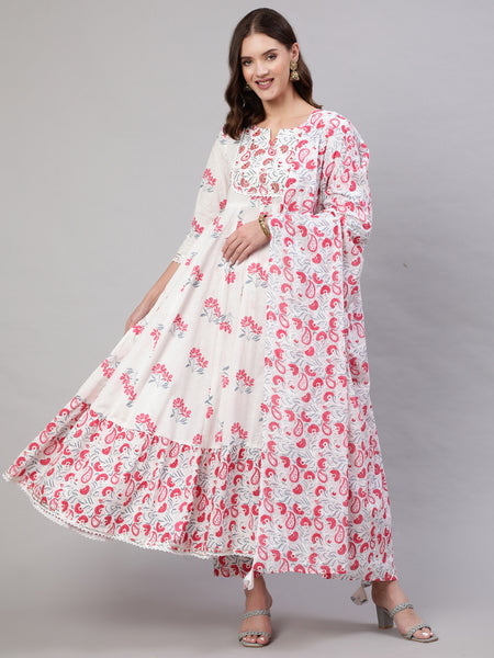 Pink Pure Cotton Floral Round Neck Anarkali Kurta, Pant & Dupatta Set For Women Mizaz Jaipur
