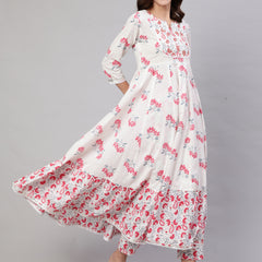 Pink Pure Cotton Floral Round Neck Anarkali Kurta, Pant & Dupatta Set For Women Mizaz Jaipur