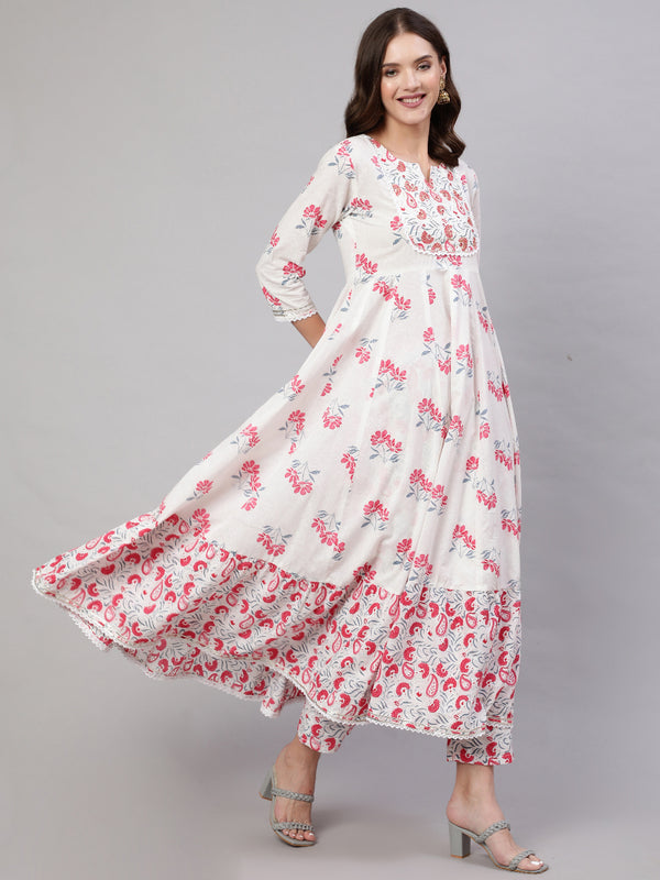 Pink Pure Cotton Floral Round Neck Anarkali Kurta, Pant & Dupatta Set For Women Mizaz Jaipur