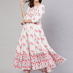 Pink Pure Cotton Floral Round Neck Anarkali Kurta, Pant & Dupatta Set For Women Mizaz Jaipur